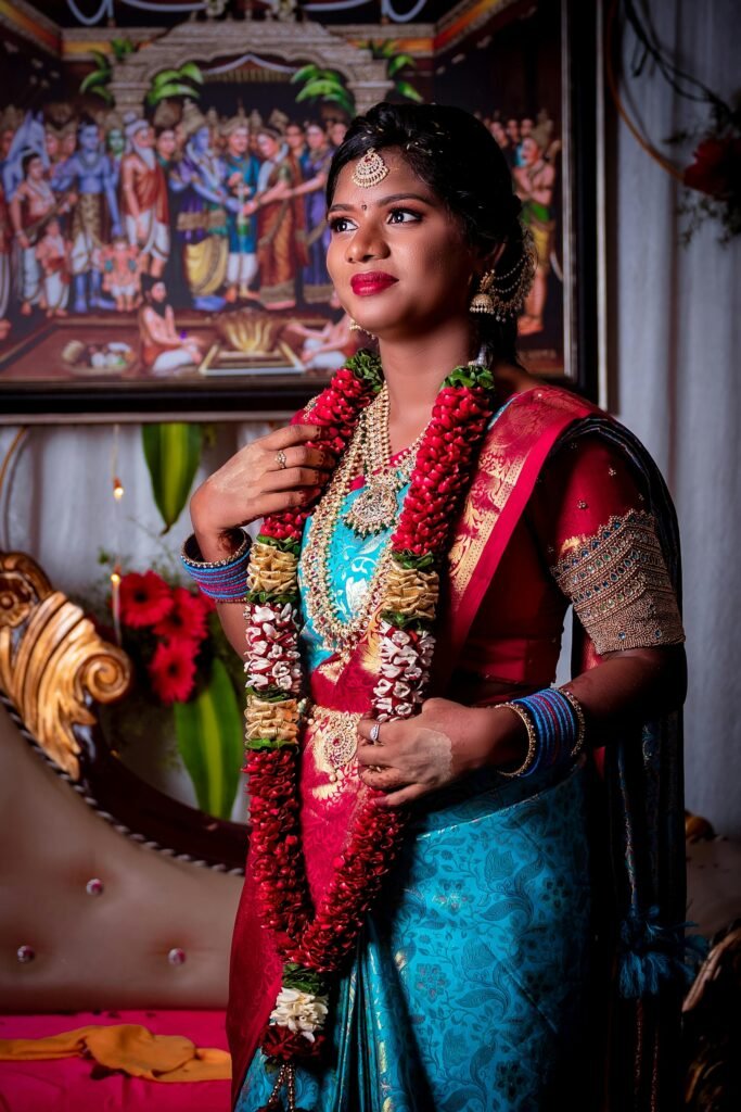 Colorful portrait of a South Indian bride in traditional attire in Chennai, India.